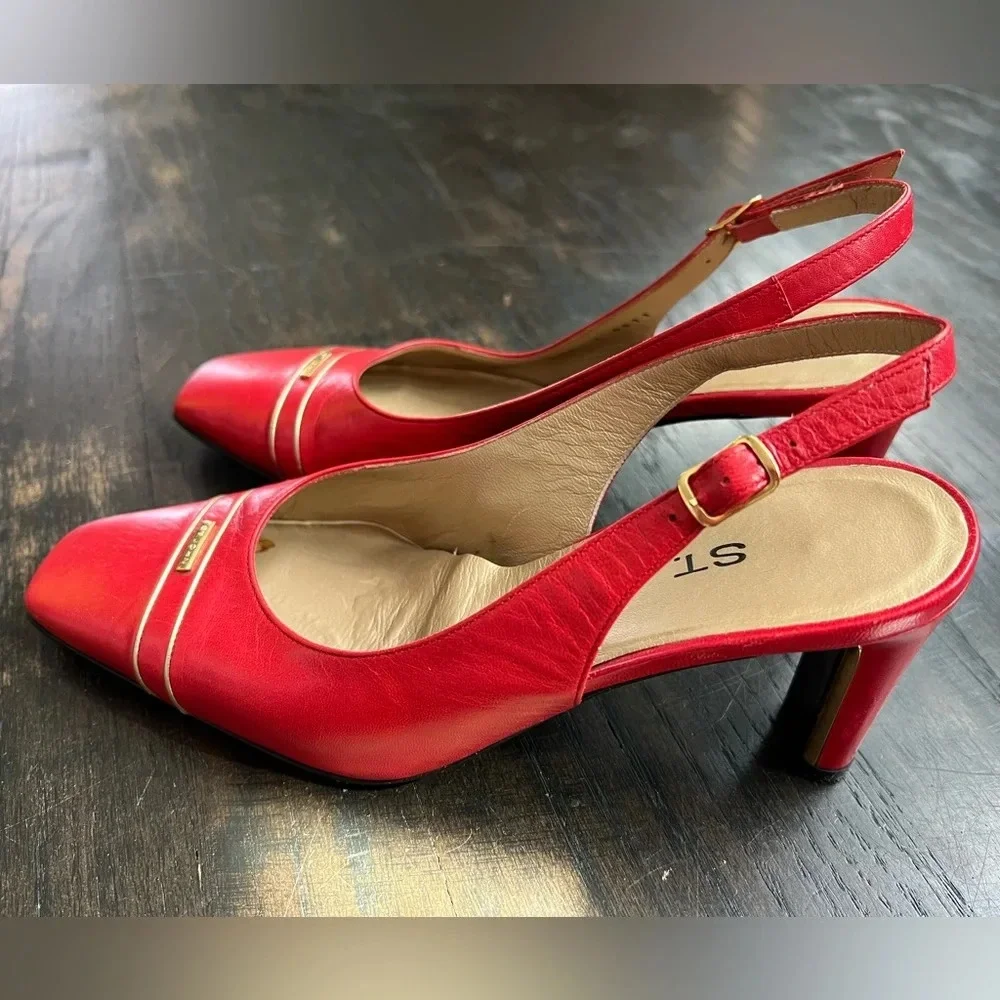 St. John Women’s Cherry Red Classic Retro Leather Slingback Pump Heels 5